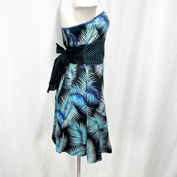 Free People Palm Tree Smocked Tie Back Dress Embroidered Black Aqua 8 - Picture 6 of 10